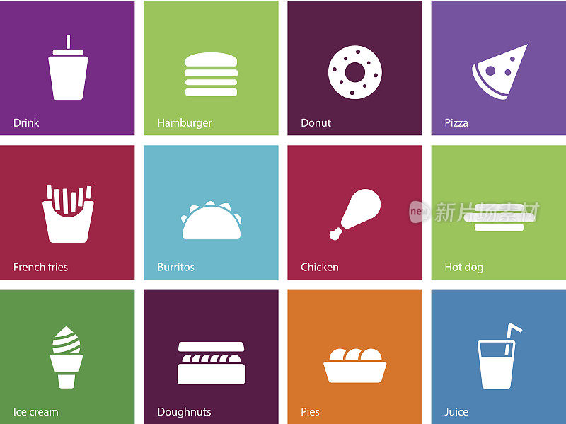 Fast food icons on color background.